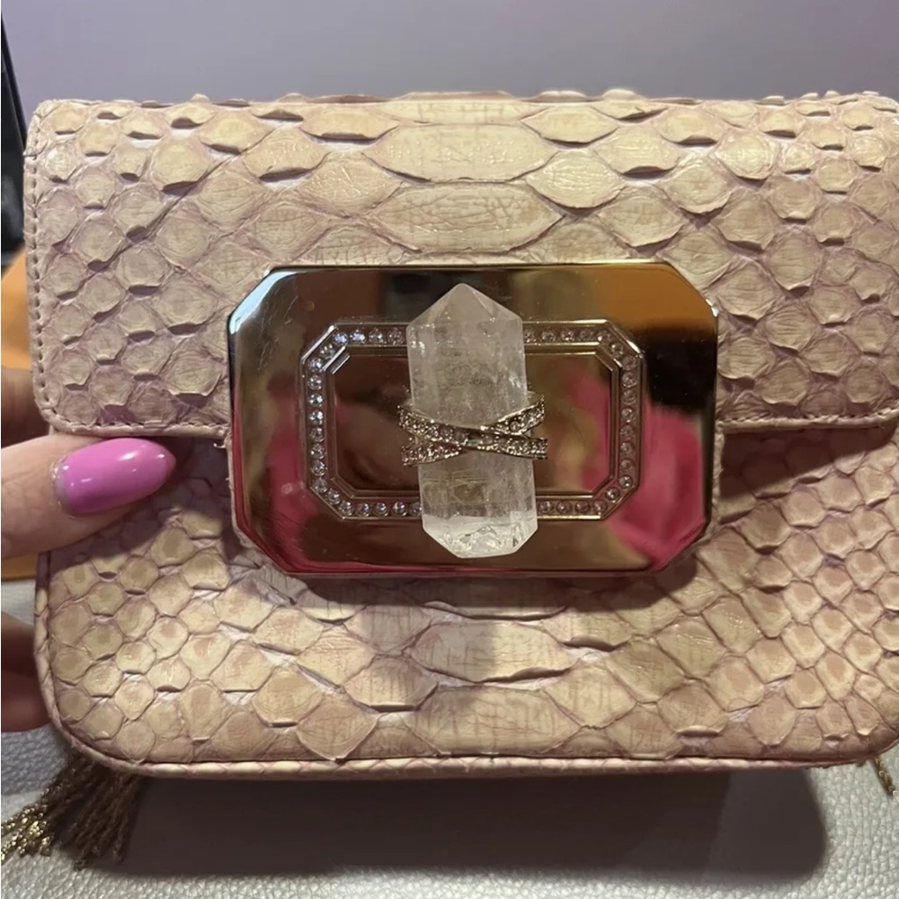 Marchesa Python Snake Skin Evening Bag Crystal Gold Chain Pink Blush pocketbook